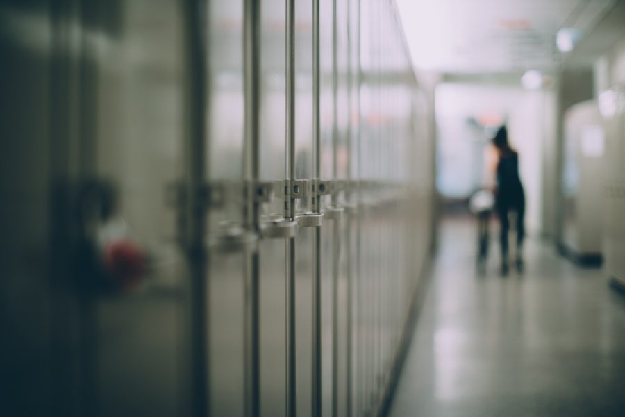 Closed lockers in a school hallway