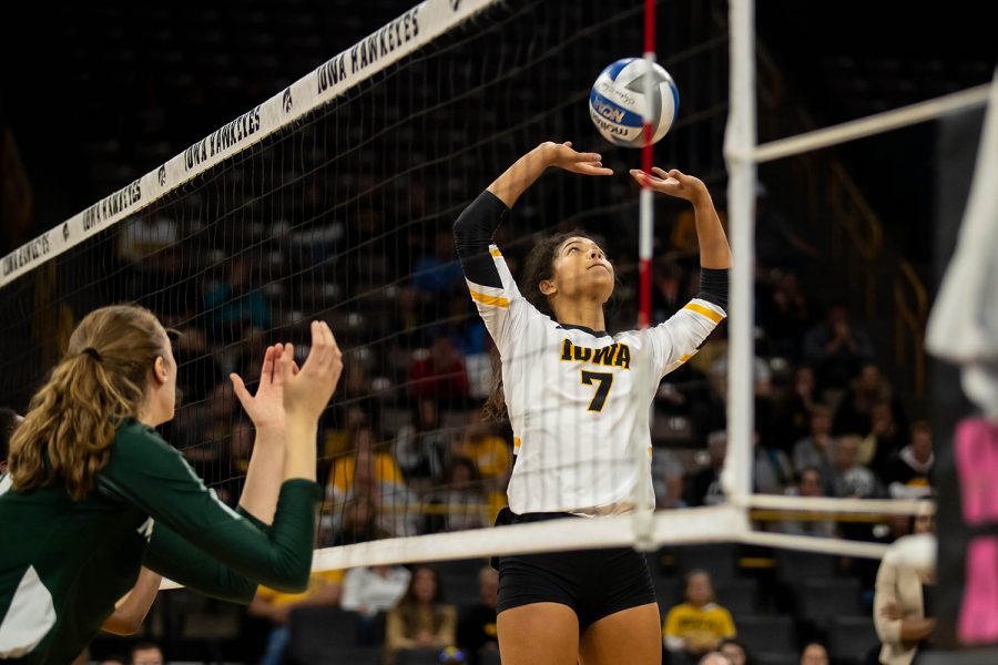 Iowa setter Brie Orr sets the ball during a volleyball match between Iowa and Michigan State at Carver Hawkeye Arena on Sunday, October 12, 2019. The Hawkeyes were defeated after 5 sets.