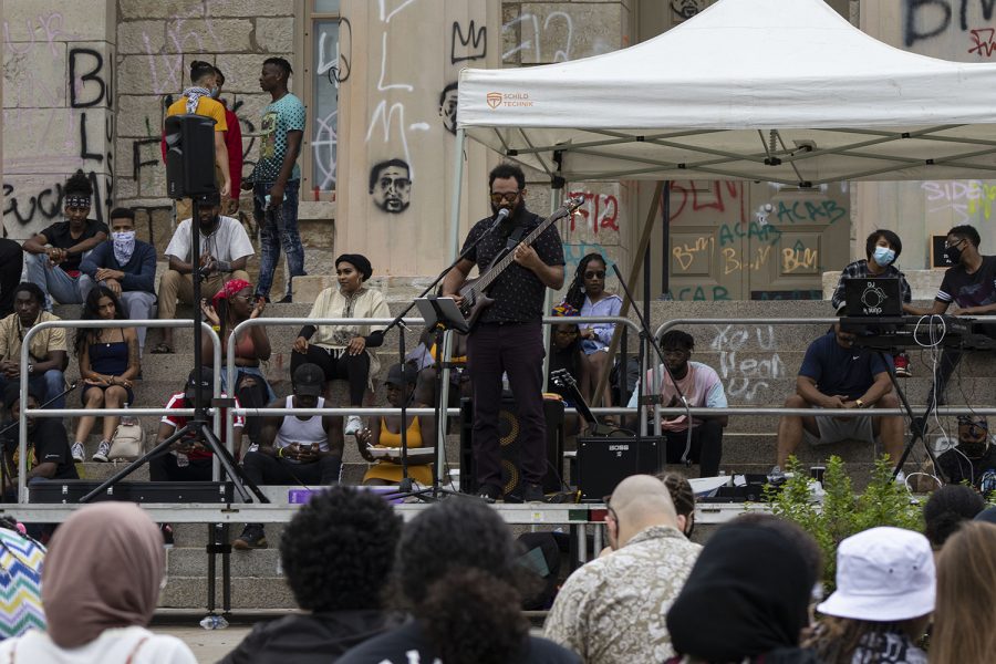 Iowa City jazz musician Blake Shaw performs on Saturday, June 20 at the Pentacrest. The Iowa Freedom Riders hosted a celebration to commemorate Juneteenth, the anniversary of when the last enslaved people were freed. (Hannah Kinson/The Daily Iowan)