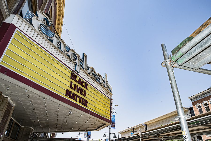 The Englert Theater is seen in downtown Iowa City on Saturday, June 6th 2020. The Englert is not currently operating due to public health concerns but messages it has for the community are still left on the marquee. 