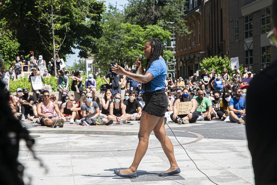Local activist Tre’chiondria Latham gives an impassioned speech about her struggles with systemic racism and how it has taken her brothers life. Latham is one of many local activists leading a protest outside the Graduate Hotel in downtown Iowa City on Saturday, June 6th, 2020.