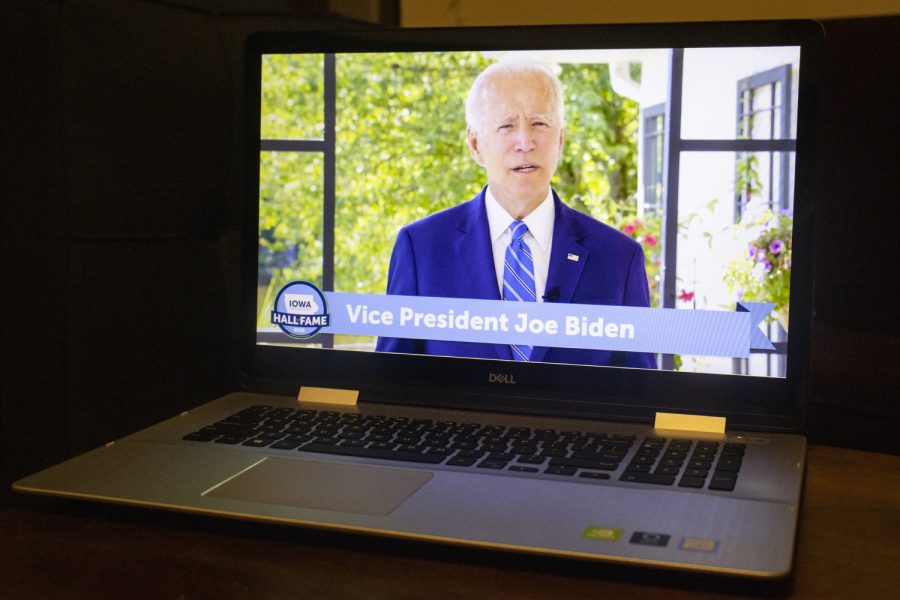 Former Vice President Joe Biden speaks at the Iowa Democratic 2020 Hall of Fame Celebration on Sunday, July 26, 2020. (Hannah Kinson/The Daily Iowan)