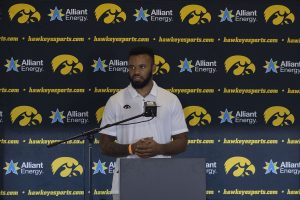 Iowa linebacker Djimon Colbert speaks at a press conference on Thursday, July 16, 2020 at the Pacha Family Club Room in Kinnick Stadium. Colbert answered questions regarding the current environment within the team and the growing communication between the players. 