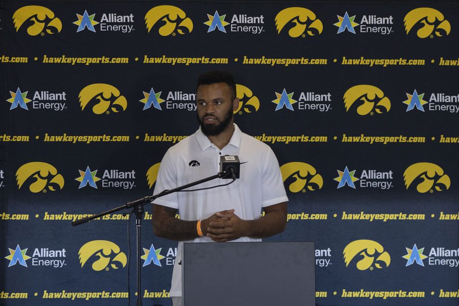 Iowa linebacker Djimon Colbert speaks at a press conference on Thursday, July 16, 2020 at the Pacha Family Club Room in Kinnick Stadium. Colbert answered questions regarding the current environment within the team and the growing communication between the players. 
