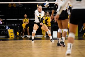 Iowa defensive specialist Joslyn Boyer bumps the ball during a volleyball match between Iowa and Michigan State at Carver Hawkeye Arena on Sunday, October 12, 2019. The Hawkeyes were defeated after 5 sets.