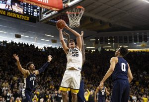 Iowa center Luka Garza goes in for a shot during a men’s basketball game between Iowa and Penn State on Saturday, Feb. 29 at Carver-Hawkeye Arena. The Hawkeyes defeated the Nittany Lions 77-68. (Nichole Harris/The Daily Iowan)