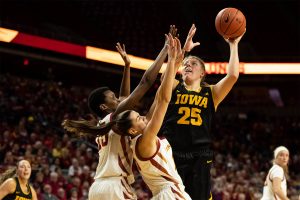 Iowa center Monika Czinano shoots during a game against Iowa State at the Hilton Coliseum on Wednesday December 11, 2019. The Hawkeyes defeated the Cyclones, 75-69. Cizano had a total of 20 points.