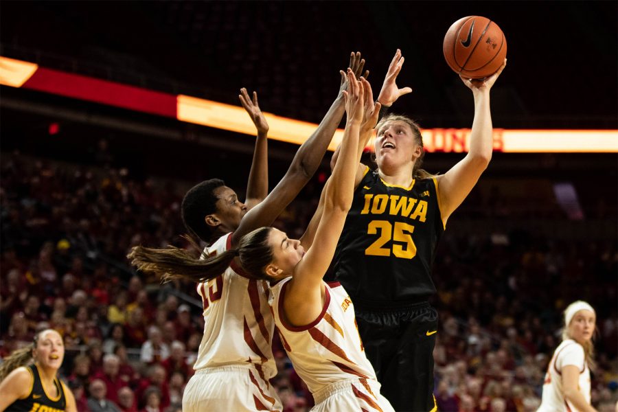 Iowa+center+Monika+Czinano+shoots+during+a+game+against+Iowa+State+at+the+Hilton+Coliseum+on+Wednesday+December+11%2C+2019.+The+Hawkeyes+defeated+the+Cyclones%2C+75-69.+Cizano+had+a+total+of+20+points.