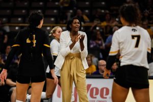 Iowa interim head coach Vicki Brown instructs her players during a volleyball match between Iowa and Washington at Carver Hawkeye Arena on Saturday, September 7, 2019. 