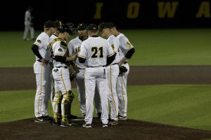 Iowa players meet on the pitchers mound during the game against Michigan State at the Duane Banks Baseball Stadium on Friday, May 10, 2019. The Hawkeyes defeated the Spartans 7-5. 
