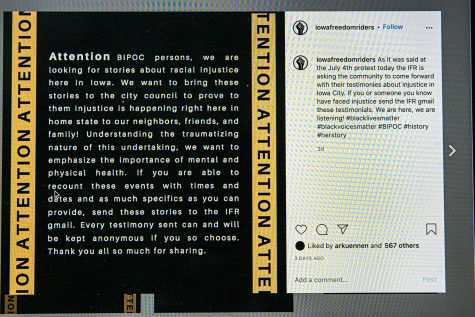 An Instagram post made by the Iowa Freedom Riders is seen on Wednesday, July 8, 2020. The Iowa Freedom Riders are using social media to gather testimonials from BIPOC to share with the Iowa City Council.