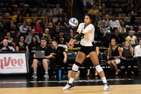 Iowa setter Brie Orr returns a serve during a volleyball match between Iowa and Washington at Carver Hawkeye Arena on Saturday, September 7, 2019. The Hawkeyes were defeated by the Huskies, 3-1.