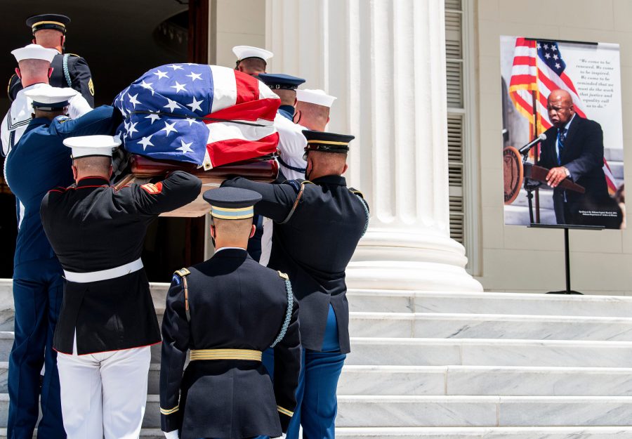 The casket carrying civil rights icon and U.S. Congressman John Lewis arrives at the Alabama State Capitol in Montgomery, Ala., on Sunday July 26, 2020.