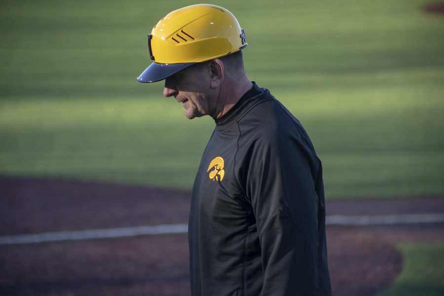 Coach Rick Heller takes the field during the game against Bradley on March 26, 2019 at Duane Banks Field. The Hawks took the victory, 4-2. 