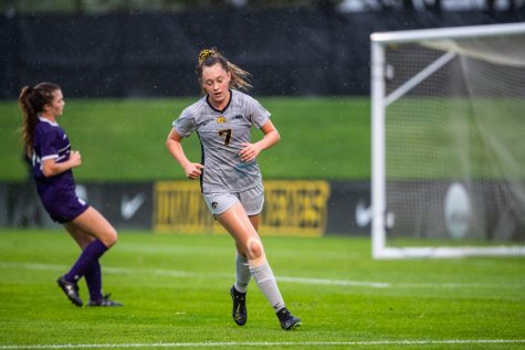 Iowa Forward Skylar Alward retreats during the Iowa Women’s Soccer game versus Northwestern at the Hawkeye Soccer Complex in Iowa City on Sunday, September 29, 2019. The Wildcats defeated the Hawkeyes 2-1 in overtime.