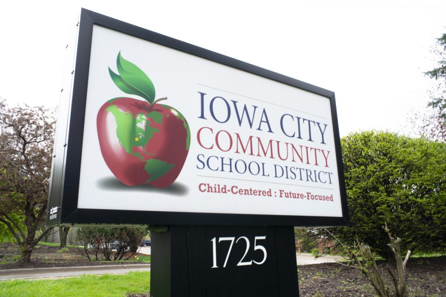 The+Iowa+City+Community+School+District+sign+is+seen+on+Apr.+29%2C+2019