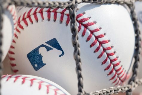 A baseball with MLB logo is seen at Citizens Bank Park before a game between the Washington Nationals and Philadelphia Phillies on June 28, 2018 in Philadelphia, Pa.