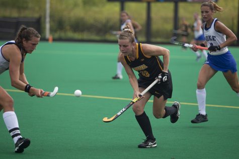 Iowa midfielder Nikki Freeman air dibbles during a field hockey game between Iowa and Duke at Grant Field on Sunday, September 15, 2019. The Hawkeyes were defeated by the Blue Devils, 2-1 after two overtime periods.