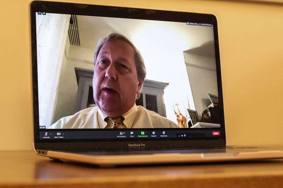 University of Iowa President Bruce Harreld addresses members of UISG virtually at the first University of Iowa Student Government Meeting on Tuesday, August 25, 2020. 