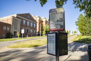 Cambus stop 0125 for the IMU is seen on Monday, July 27, 2020. This stop is one of many that are deemed “walkable” and are being closed for the Fall 2020 semester in response to COVID-19. 