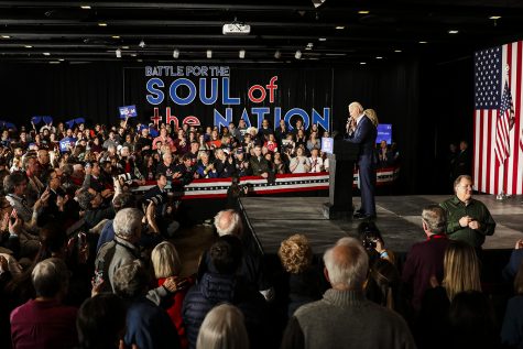 Former Vice President Joe Biden and Dr. Jill Biden speak during the watch party for Former Vice President Joe Biden at the Olmstead Center at Drake University on Monday, February 3, 2020. Hundreds of people attended the event to hear Biden speak on the results of the caucus.
