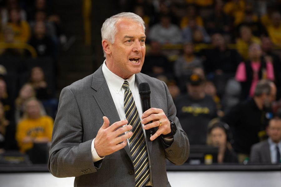 University+of+Iowa+athletic+director+Gary+Barta+discusses+former+Iowa+basketball+player+Megan+Gustafsons+career+during+the+retirement+ceremony+for+her+number+10+jersey+following+the+Iowa+womens+basketball+game+against+Michigan+State+University+on+Sunday%2C+Jan.+26%2C+2020+at+Caver-Hawkeye+Arena.+The+Hawkeyes+defeated+the+Spartans%2C+74-57.