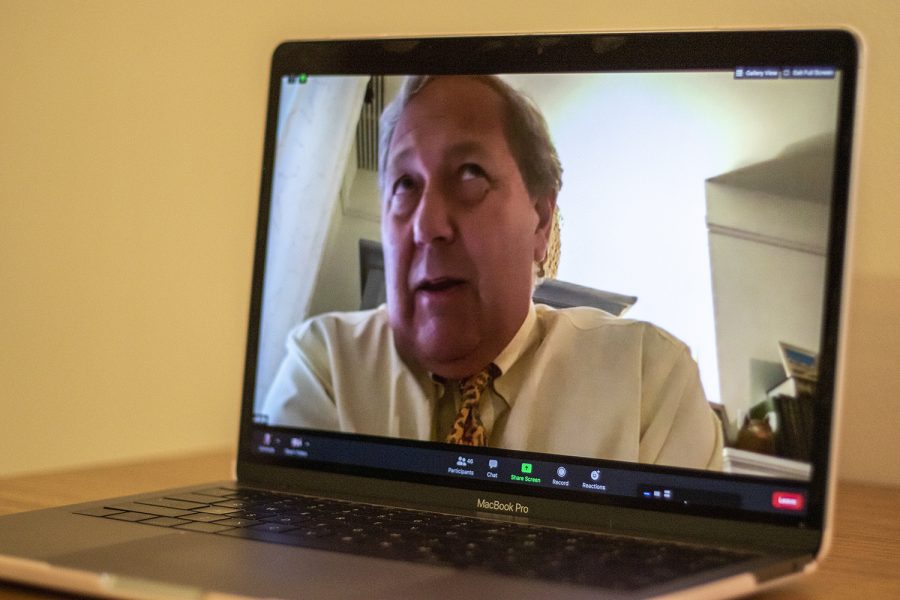 University of Iowa President Bruce Harreld addresses members of UISG virtually at the first University of Iowa Student Government Meeting on Tuesday, August 25, 2020. (Nichole Maryse Harris/The Daily Iowan)