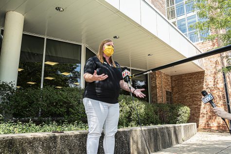 University of Iowa Director of Orientation Services, Tina Arthur in front of Burge Residence Hall on Monday, August 17th, 2020. The university is currently attempting to adjust their housing and orientation plans around the Coronavirus pandemic to maintain health and safety.