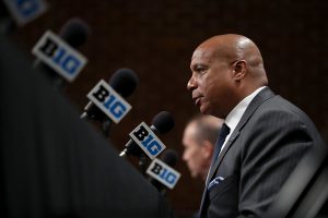 Big Ten commissioner Kevin Warren speaks about the cancellation of the mens basketball tournament at Bankers Life Fieldhouse in Indianapolis, Ind., on Thursday, March 12, 2020. 