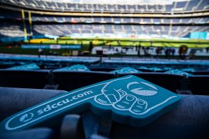 Foam fingers sit on seats during the 2019 SDCCU Holiday Bowl between Iowa and USC in San Diego on Friday, Dec. 27, 2019. The Hawkeyes defeated the Trojans, 49-24. (Shivansh Ahuja/The Daily Iowan)
