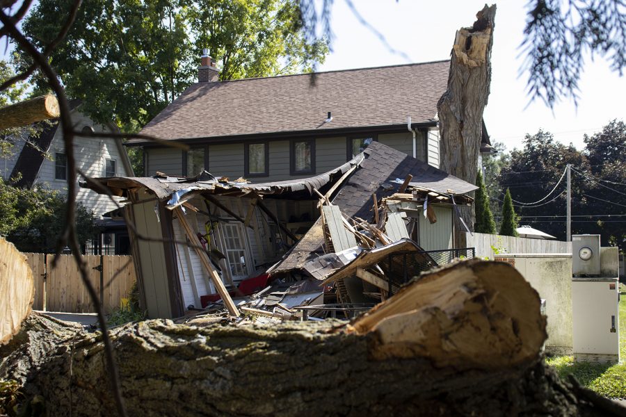A damaged shed is seen on Friday, Aug. 14, 2020 on Court St. in Iowa City. After the derecho storm that swept through Iowa on Monday afternoon, Iowa City and neighboring communities are still reeling from wind damage and power outages.