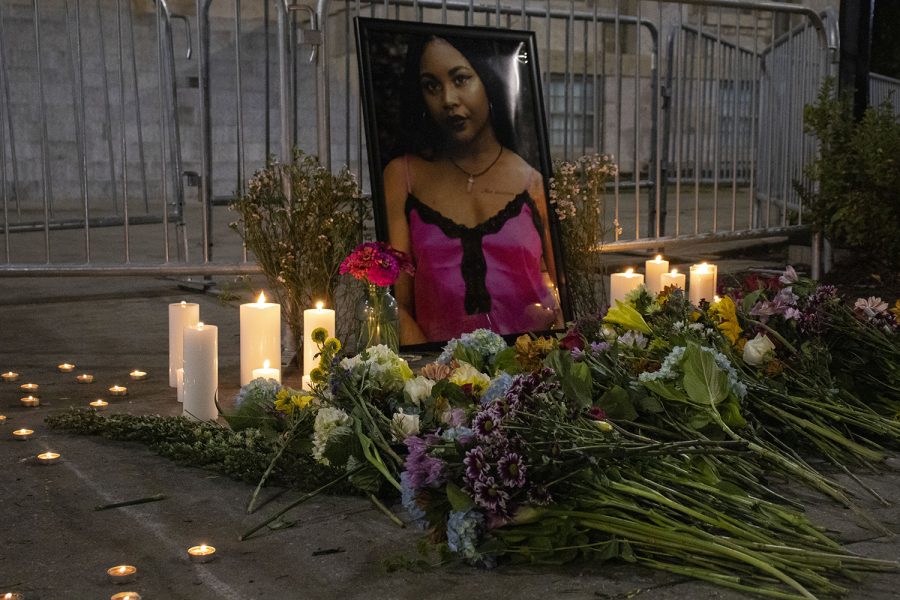 A memorial for Makeda Scott is seen on Saturday, Aug. 29, 2020. Protesters ended the night at the Pentacrest with a vigil to honor and celebrate her life.