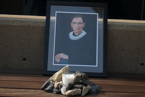 A memorial for Ruth Bader Ginsburg is seen outside the University of Iowas College of Law building on Monday, Sept. 21, 2020. Ginsburg passed away Friday, Sept. 18, 2020.