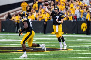 Iowa quarterback Spencer Petras makes a pass during a football game between Iowa and Middle Tennessee State at Kinnick Stadium on Saturday, September 28, 2019. The Hawkeyes defeated the Blue Raiders, 48-3. 