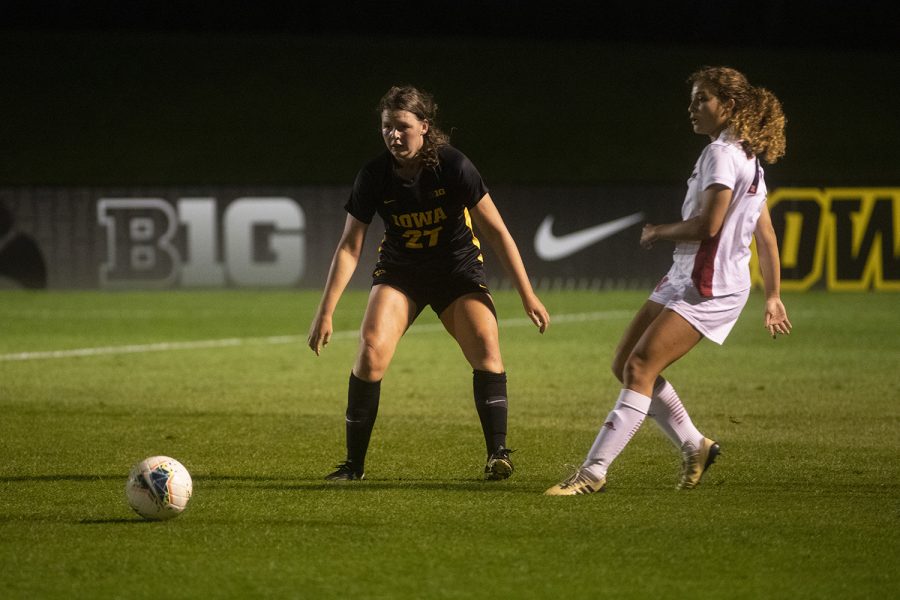 Forward Samantha Tawharu prepares to rush the ball during the women’s soccer game against Nebraska at the Iowa Soccer Complex on Thursday, Oct. 3, 2019. The Hawkeyes defeated the Cornhuskers 1-0. 