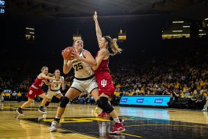 Iowa forward Monika Czinano looks to shoot during a womens basketball match between Iowa and Indiana at Carver-Hawkeye Arena on Sunday, Jan. 12, 2020. The Hawkeyes defeated the Hoosiers, 91-85, in double overtime. 