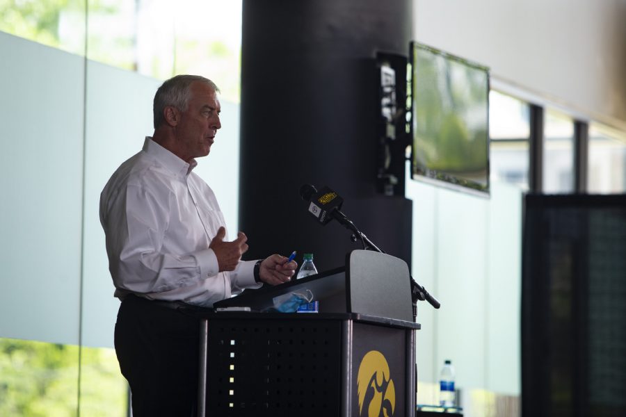 Iowa+Athletic+Director+Gary+Barta+speaks+at+a+press+conference+on+Monday%2C+June+15%2C+2020+at+Carver-Hawkeye+Arena.+Barta+addressed+recent+action+within+the+Iowa+Athletic+Department%2C+including+the+separation+agreement+with+Chris+Doyle%2C+as+well+as+plans+for+the+future.+
