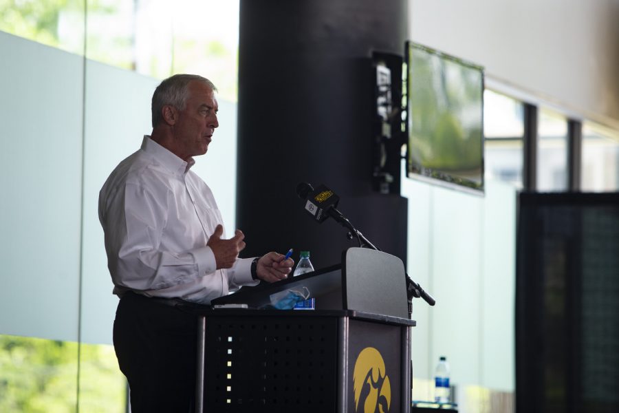 Iowa Athletic Director Gary Barta speaks at a press conference on Monday, June 15, 2020 at Carver-Hawkeye Arena. Barta addressed recent action within the Iowa Athletic Department, including the separation agreement with Chris Doyle, as well as plans for the future.