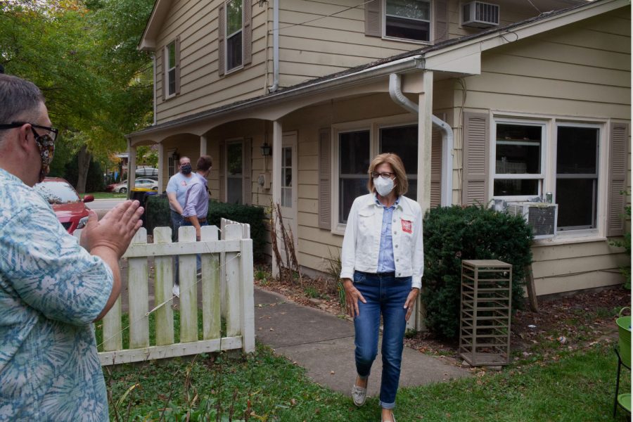 Democratic candidate for Congress Rita Hart arriving at Johnson County Supervisor Rod Sullivan’s house for her backyard campaign tour in Iowa City on September 26, 2020. Hart talked about her campaign promises and addressed issues related to gun control, healthcare, the economy, and police reform. 