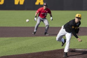 Iowa pitcher Grant Leonard throws a pitch during the seventh inning of the afternoon Iowa vs Rutgers game at Duane Banks Field on Saturday, April 7, 2019. The Hawkeyes defeated the Scarlet Knights 9-5. 