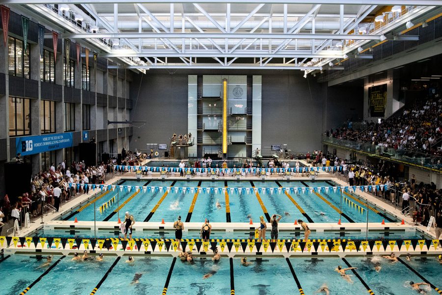 Swimmers compete during the second session of the the 2020 Big Ten Women's Swimming and Diving Championship at the the HTRC on Friday, Feb. 21, 2020.