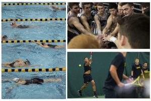 In this triptych, Women’s Swimming, Men’s Gymnastics, and Men’s Tennis are seen during their 2019-2020 season. (Daily Iowan Photo Staff) 