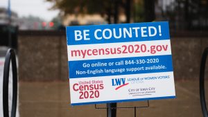 A census awareness lawn sign during a rainy day in front of the U.S. Department of Veterans Affairs building on Thursday Sept. 10, 2020. COVID-19 has made collecting the census a harder task than in previous years so this sign promotes taking the census online. 