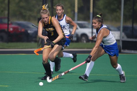 Iowa midfielder Ellie Holley runs after the ball during a field hockey game between Iowa and Duke at Grant Field on Sunday, September 15, 2019. The Hawkeyes were defeated by the Blue Devils, 2-1 after two overtime periods.