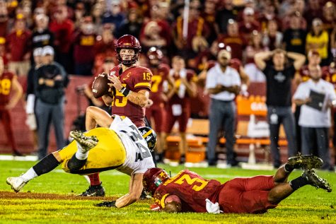 Iowa State quarterback Brock Purdy looks to pass during a football game between Iowa and Iowa State at Jack Trice Stadium in Ames on Saturday, September 14, 2019. The Hawkeyes retained the Cy-Hawk Trophy for the fifth consecutive year, downing the Cyclones, 18-17. 