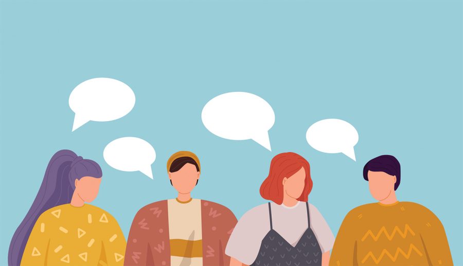 Vector illustration, flat style, Group of people discuss social media news, social networks, chat, dialogue speech bubbles