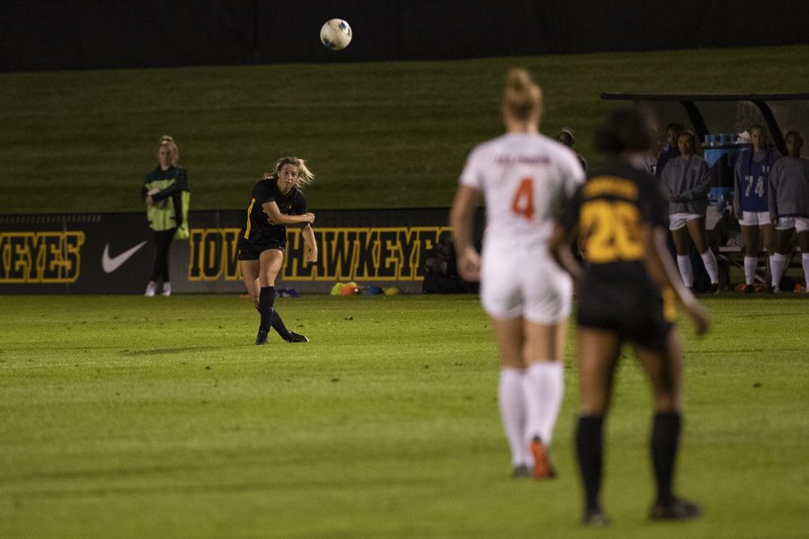 Iowa defender Riley Whitaker throws the ball during a soccer game between Iowa and Illinois on Sept. 26, 2019 at the Iowa Soccer Complex. The Hawkeyes defeated the Fighting Illini, 3-1.