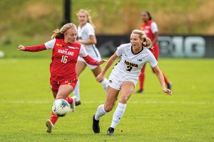 Iowa midfielder Hailey Rydberg makes a pass during a womens soccer match between Iowa and Maryland at the Iowa Soccer Complex on Sunday, October 13, 2019. The Hawkeyes shut out the Terrapins, 4-0. 