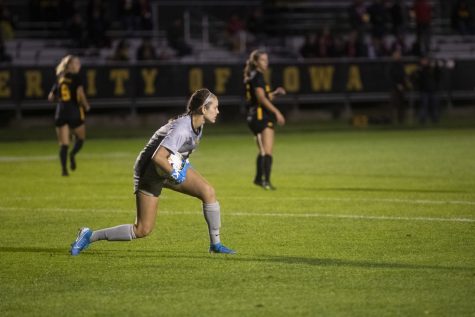 Goalkeeper Claire Graves narrowly blocks a goal during the women’s soccer game against Nebraska at the Iowa Soccer Complex on Thursday, Oct. 3, 2019. The Hawkeyes defeated the Cornhuskers 1-0. 