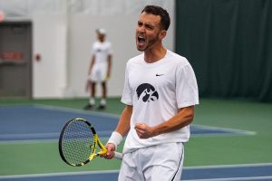 Iowas Kareem Allaf celebrates a point during a mens tennis match between Iowa and Western Michigan at the HTRC on Saturday, Jan. 18, 2020. The Hawkeyes defeated the Broncos, 4-3. 